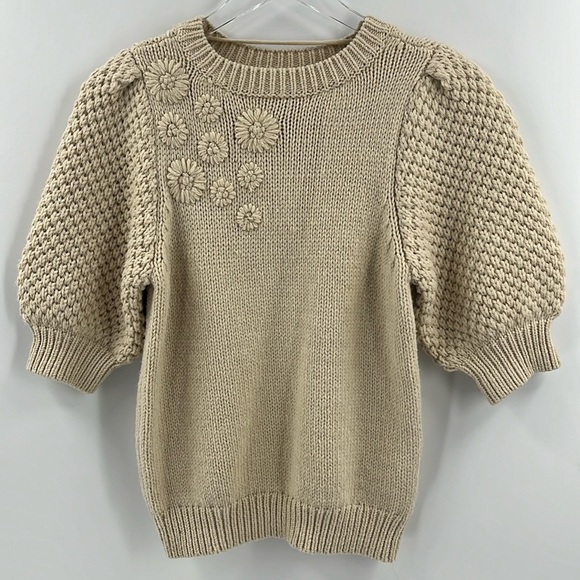 Vero Moda Wool Blend Puff Sleeve Embroidery Flower Textured Crewneck Sweater XSm - Picture 1 of 8